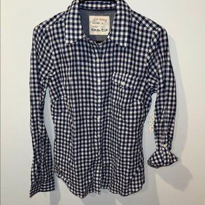 Women’s Cotton Navy Blue and White Checkered button up long sleeve Shirt NWT